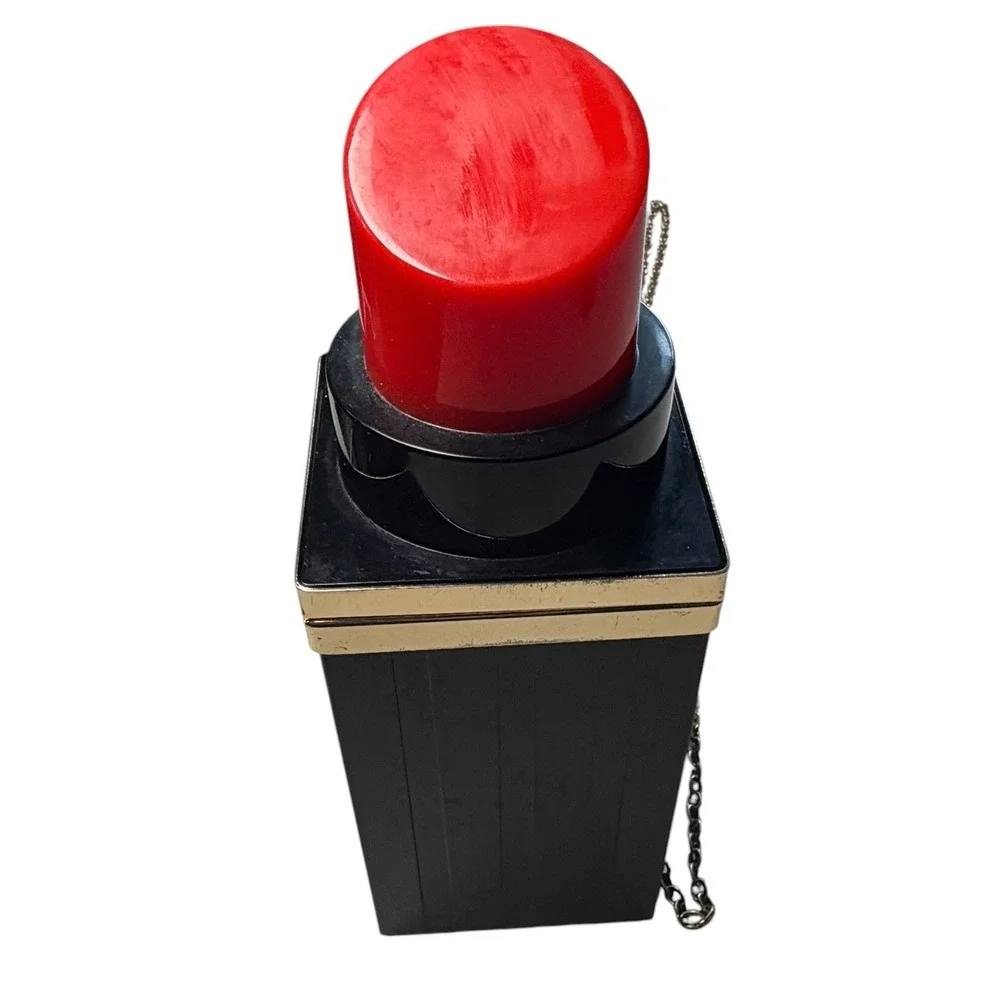 Novelty Lipstick Hard Shell Clutch Bag Black Red Gold Chain Strap Crossbody